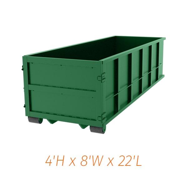 the 20 yard dumpsters measure 20 feet in length, 8 feet in width, and 5 feet in height